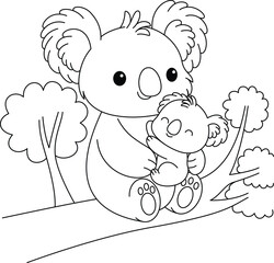 Wall Mural - Cute kawaii cartoon character koala mom and baby on the tree coloring page. Mother's Day vector printable worksheets for preschool.