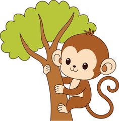 Wall Mural - Cute kawaii monkey on the tree cartoon character vector illustration