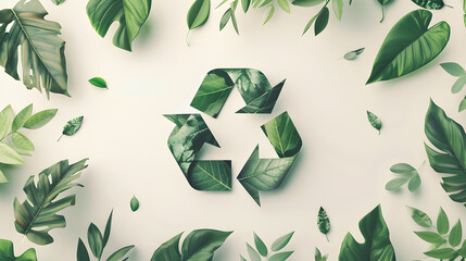 Wall Mural - A white background with green leaves and the recycling symbol