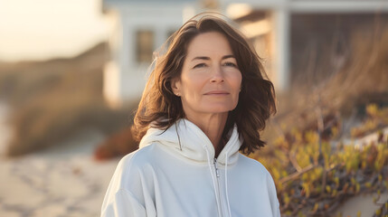 an attractive woman in her early fifties wearing a white hoodie. She has shoulder length brown hair and is standing on the beach next to a house. She looks confident with a gentle smile on her face