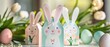 Mini pink colour Milk Carton Gift Box with Easter Bunny. Easter Day