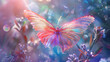 photo realistic in oracle card style holographic butterfly and dragonfly in cloud in holographic forest realistic colorful hi-res glitter using these colors