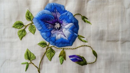 Cotton linen fabric decorated with blue and purple embroidery in a traditional hand embroidery technique