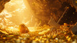 In this imaginative 3D depiction, a pickaxe rests in a golden cave, surrounded by Bitcoin coins, illustrating the modern-day digital gold rush in the mysterious world of cryptocurrency mining.