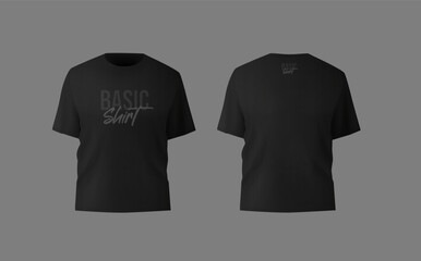 Wall Mural - Basic black male t-shirt realistic mockup. Front and back view. Blank textile print template for fashion clothing.