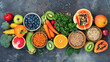 Visualize the healthy eating concept with images of fresh, colorful fruits and vegetables, whole grains, and lean proteins, symbolizing a nutritious and balanced diet that promotes wellness.