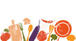 © Ірина  - Hand drawn grunge vector illustration of healthy food and kitchen utensils isolated on white background. Culinary horizontal poster.
