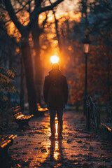 Wall Mural - A person is standing in the woods at sunset