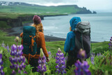 Fototapeta Boho - Couple admiring beautiful summer landscape of Icelandic nature with blooming lupine flowers. Northern Europe, Iceland.