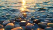 Reflective pebbles  a mesmerizing mosaic beneath the rippling waters as the sun dips below the horizon