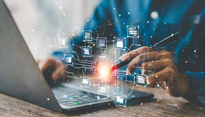 Wall Mural - Business workflow process management concept. Workflow automation system with data diagram of the hierarchical structure of departments in business organization. digital transformation.