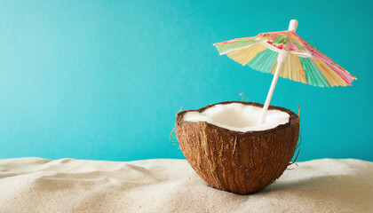 Poster - Tropical beach concept made of coconut fruit and sun umbrella. Creative minimal summer idea.