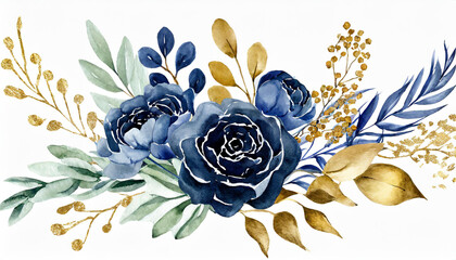 Wall Mural - watercolor navy blue bouquet, gold leaves, botanical, clip art drawing, peonies, roses, herbs, wedding invitation design