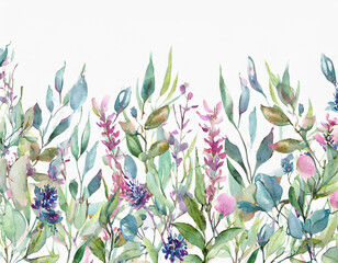 Wall Mural - Wild field herbs flowers. Watercolor seamless border - illustration with green leaves, blue pink buds and branches. Wedding stationery, wallpapers, fashion, backgrounds, textures.