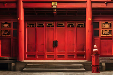 Wall Mural - chinese temple. door, house, architecture, window, building, old, entrance, red, home, wall,Ai generated 