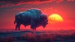a large buffalo standing on top of a dry grass field under a red and blue sky with the sun in the background.