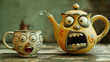 A comical scene of a teapot trying to pour tea for a reluctant cup with exaggerated facial expressions