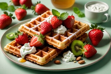 Sticker - waffles with fresh strawberries, kiwi, cottage cheese in a plate