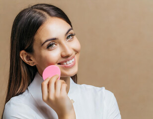 Beauty portrait of a smiling happy young brunette woman making up with a pink beauty sponge on beige background, concept of cosmetic, foundation, make up, beauty, skin care.