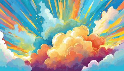 cartoon style explosion background of colorful clouds and sky before