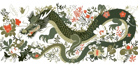 Naklejka na meble Adorable doodling of an oriental flower and a green Chinese dragon