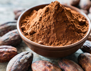 Wall Mural - Close up of cocoa powder in a brown ceramic bowl, raw cocoa beans around, with copy space, concept of cocoa trading, cocoa pricing increasing or changing