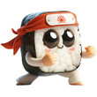 An adorable sushi roll character sporting a karate headband, posed and ready for martial arts action, evoking a fun and playful vibe