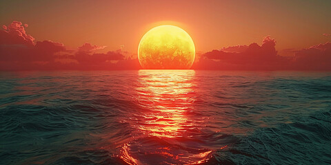 Wall Mural - A gigantic Sun touching he horizon in a hazy sunset with all its detail exposure. AI generative
