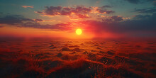 A Gigantic Sun Touching He Horizon In A Hazy Sunset With All Its Detail Exposure. AI Generative
