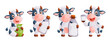 Cow cartoon. Cute farm milk animal character in various actions posing funny mascot vector. Illustration of a funny cow with a bottle, bottle and glass of milk.
