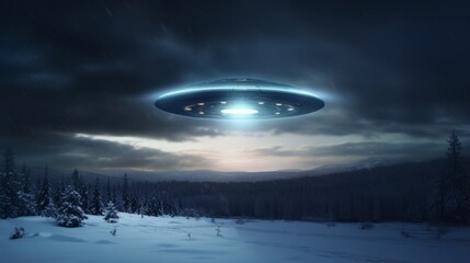 Wall Mural - a ufo sighting over a snow-covered landscape