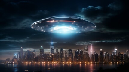 Wall Mural - a ufo with bright lights flying over a city skyline
