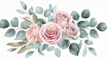 Watercolor Floral Bouquet. Dusty Pink Roses Flowers And Eucalyptus Leaves. Foliage Arrangement For Wedding Invitations, Greetings, Fashion, Decoration. Hand Painted Illustration