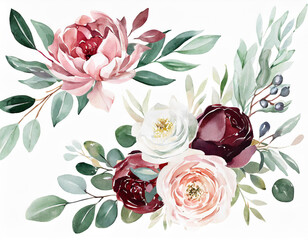 Wall Mural - Watercolor floral bouquets set - green leaves, burgundy maroon pink peach blush white flowers leaf branches. Wedding invitations stationery wallpapers fashion prints. Eucalyptus, olive, rose, peony.