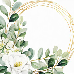 Wall Mural - Watercolor floral illustration - white flowers, green and gold leaf frame - border, for wedding stationary, greetings, wallpapers, fashion, background. Eucalyptus, olive, green leave