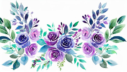 Wall Mural - Watercolor floral illustration bouquet set collection blue violet purple green frame, border, bouquet; wedding stationary, greetings, wallpaper, fashion, posters background. Leaves, rose