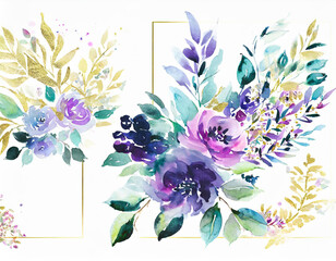 Wall Mural - Watercolor floral illustration bouquet set collection gold blue violet purple green frame, border, bouquet; wedding stationary, greetings, wallpaper, fashion, posters background. Leaves