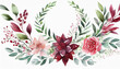 Watercolor floral wreath border bouquet frame collection set green leaves burgundy maroon scarlet pink peach blush white flowers leaf branches.