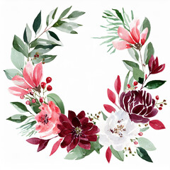 Wall Mural - Watercolor floral wreath border bouquet frame collection set green leaves burgundy maroon scarlet pink peach blush white flowers leaf branches. Wedding invitations stationery wallpapers fashion prints