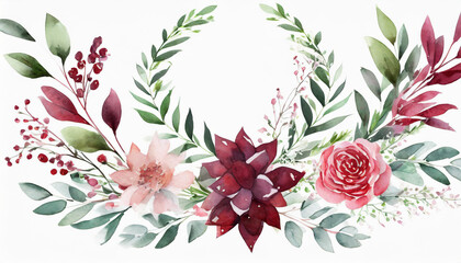 Wall Mural - Watercolor floral wreath border bouquet frame collection set green leaves burgundy maroon scarlet pink peach blush white flowers leaf branches.