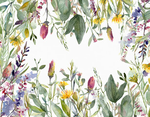 Wall Mural - Wild field herbs flowers. Watercolor border frame - illustration with green leaves, branches and colorful buds. Wedding stationery, wallpapers, fashion, backgrounds, textures. Wildflowers