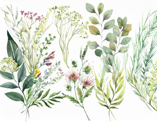 Wall Mural - Wild field herbs flowers. Watercolor floral collection set - bouquets, borders, frames. Illustration green leaves, branches.. Wedding stationery, wallpapers, fashion, backgrounds.