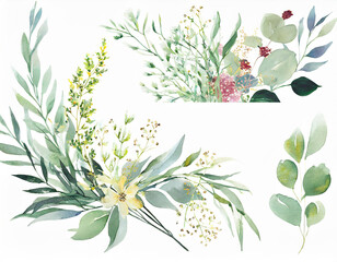 Wall Mural - Wild field herbs flowers. Watercolor floral collection set - bouquets, borders, frames. Illustration green leaves, branches.. Wedding stationery, wallpapers, fashion, backgrounds.