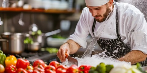 Wall Mural - A man cook washes vegetables and fruits under a stream of water. Concept: food hygiene, preparation of ingredients for cooking