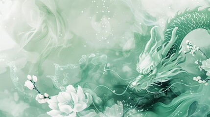  Winter jasmine decoration, traditional Chinese dragon, light green water, and light green sleeping dragon