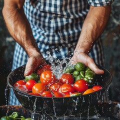 Wall Mural - A man cook washes vegetables and fruits under a stream of water. Concept: food hygiene, preparation of ingredients for cooking