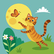 Charming scene of a playful tabby cat chasing a fluttering butterfly through a sun-dappled garden
