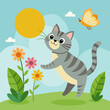 Charming scene of a playful tabby cat chasing a fluttering butterfly through a sun-dappled garden