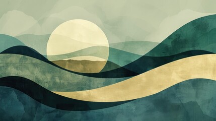 Poster - harmonious mountainscape with flowing geometric elements and earthy palette