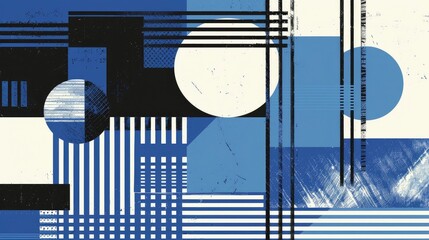 Poster - Geometric Graphic Design with Prominent Square and Diagonal Patterns in Blue and White Palette